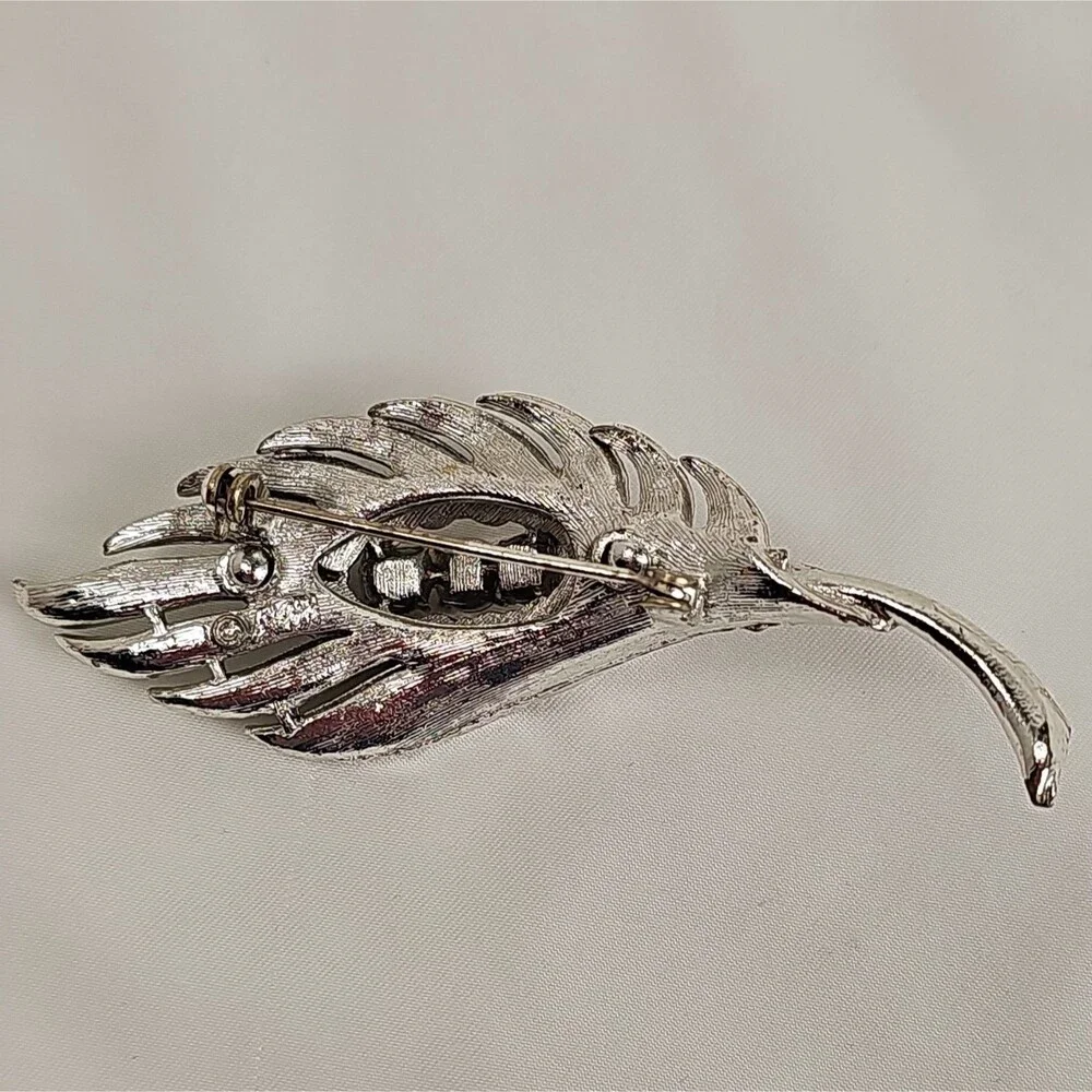 Vintage Coro Feather Rhinestone Brooch Silver Tone Mid Century